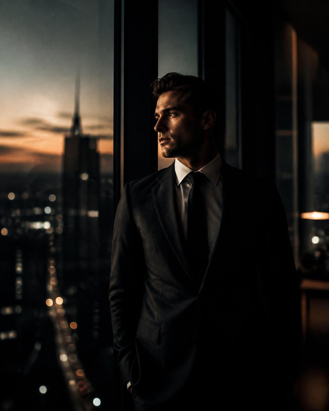 Ascent Financial Group professional at a high-rise window at dusk